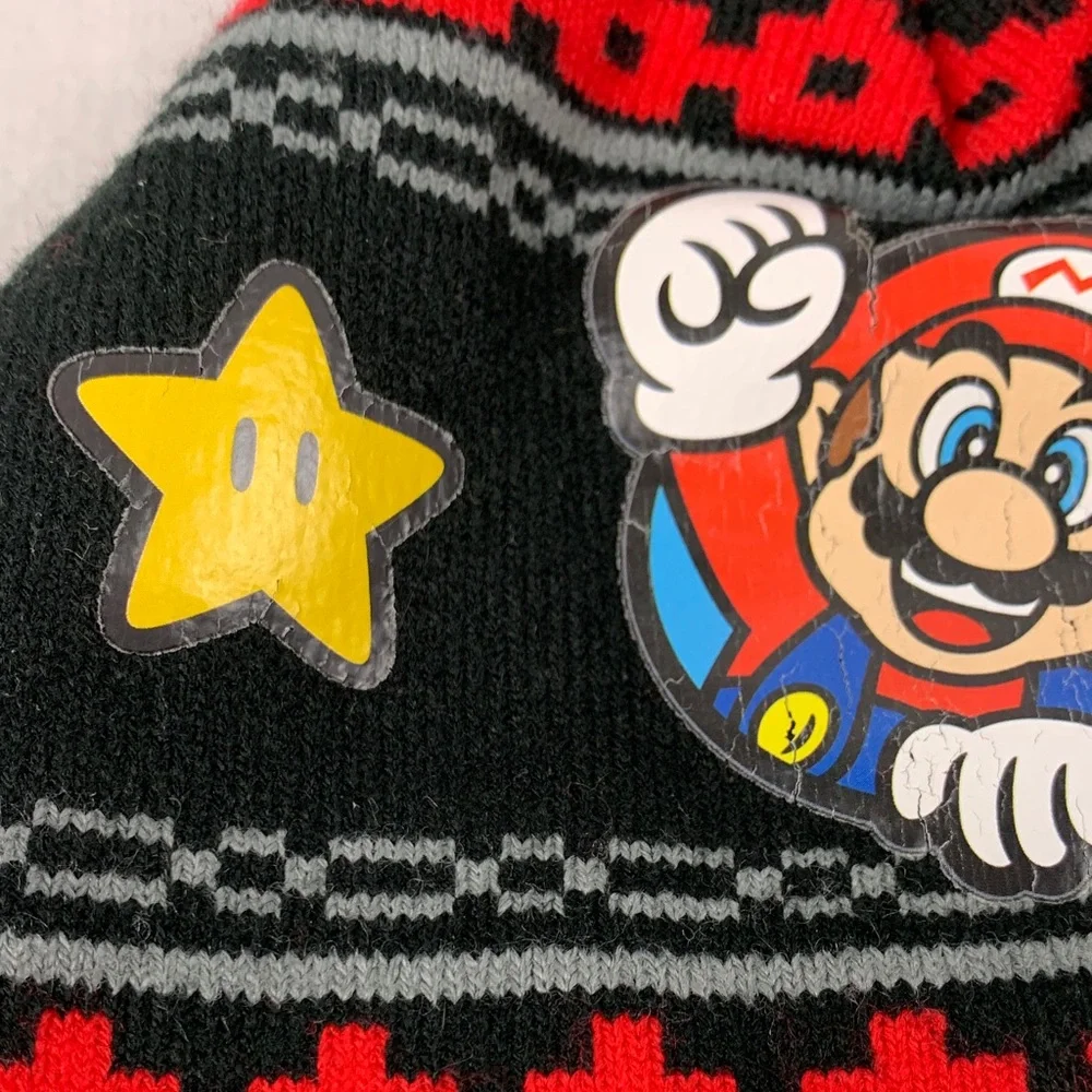 Nintendo Super Mario Black and Red Kids Knit Beanie Star Toad 90s Nostalgia